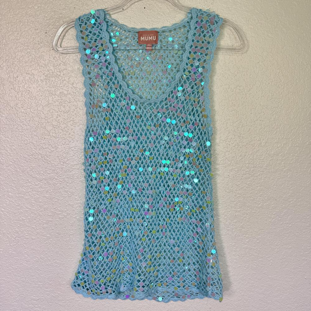 Show Me Your Mumu Cass Cover Up Womens XS Blue Sequins Crochet Mesh Sheer Beach
